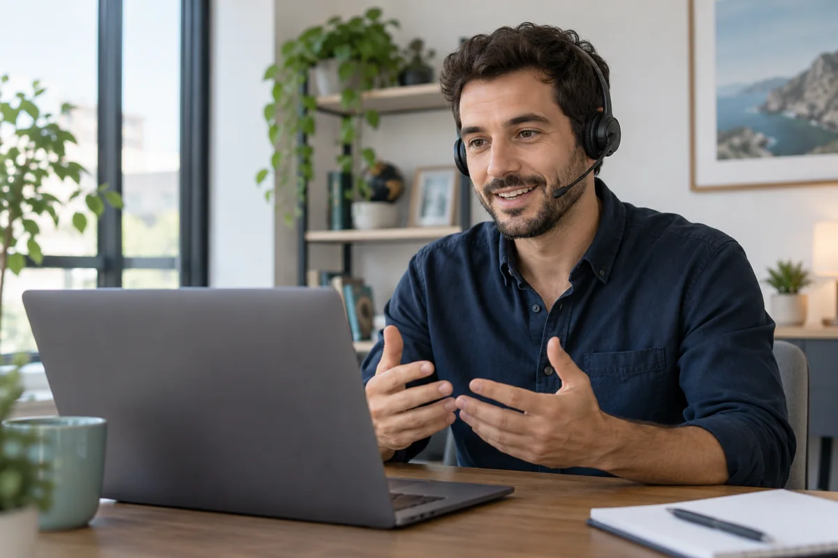 Profesional con auriculares preparándose para una entrevista